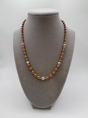Signed Oro America 925 1/25 10K RGP Beaded Necklace 17” Two Tone